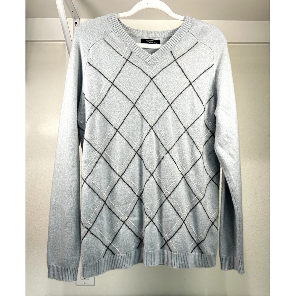 Two A.M. Men Gray Cashmere Argyle‎ V-Neck Long Sleeve Soft Knit Sweater Medium